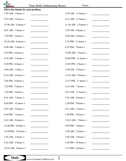 Math Drills Worksheets - Time Drills (Subtracting Hours) worksheet